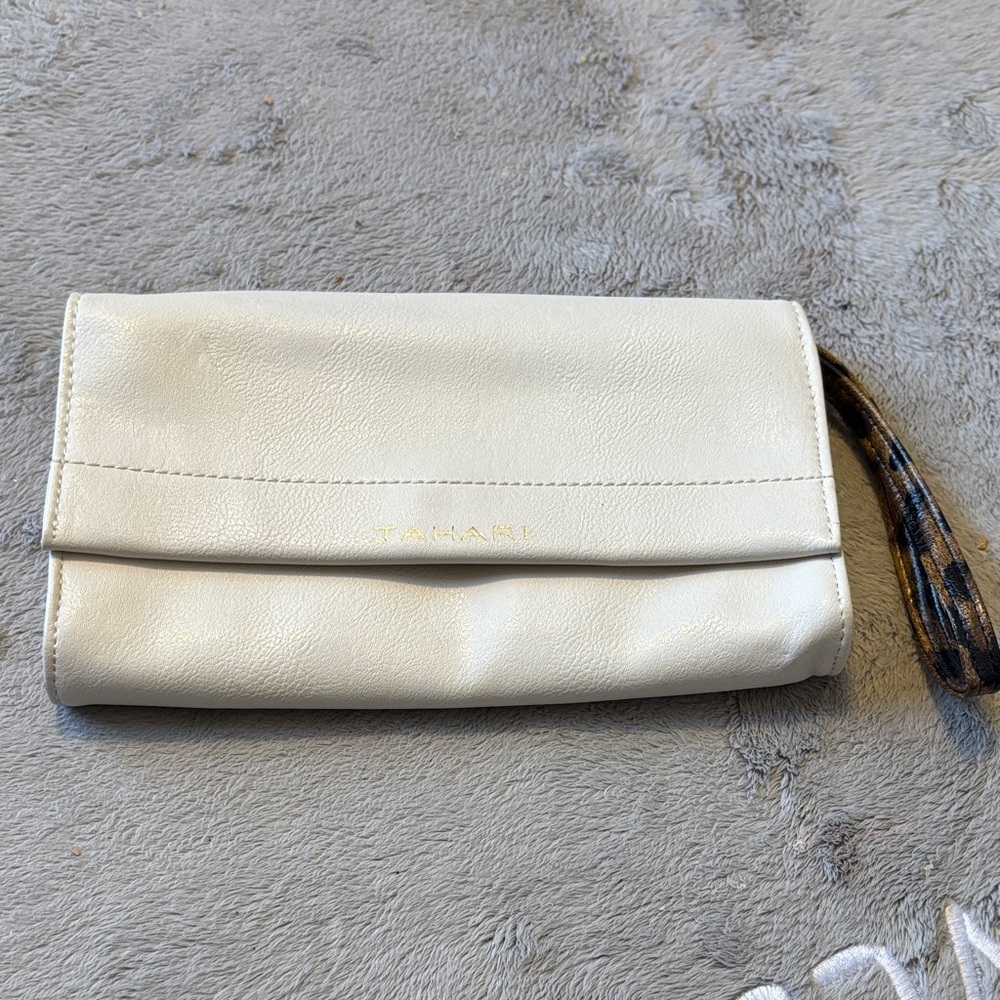Tahari Cream Leather Fold-Over Wristlet Clutch with Patterned Strap